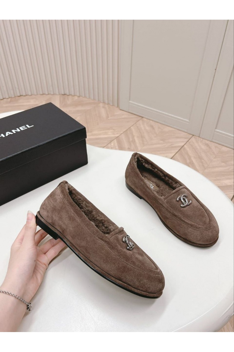 Chаnеl Женские замшевые лоферы с мехом Premium - Brown