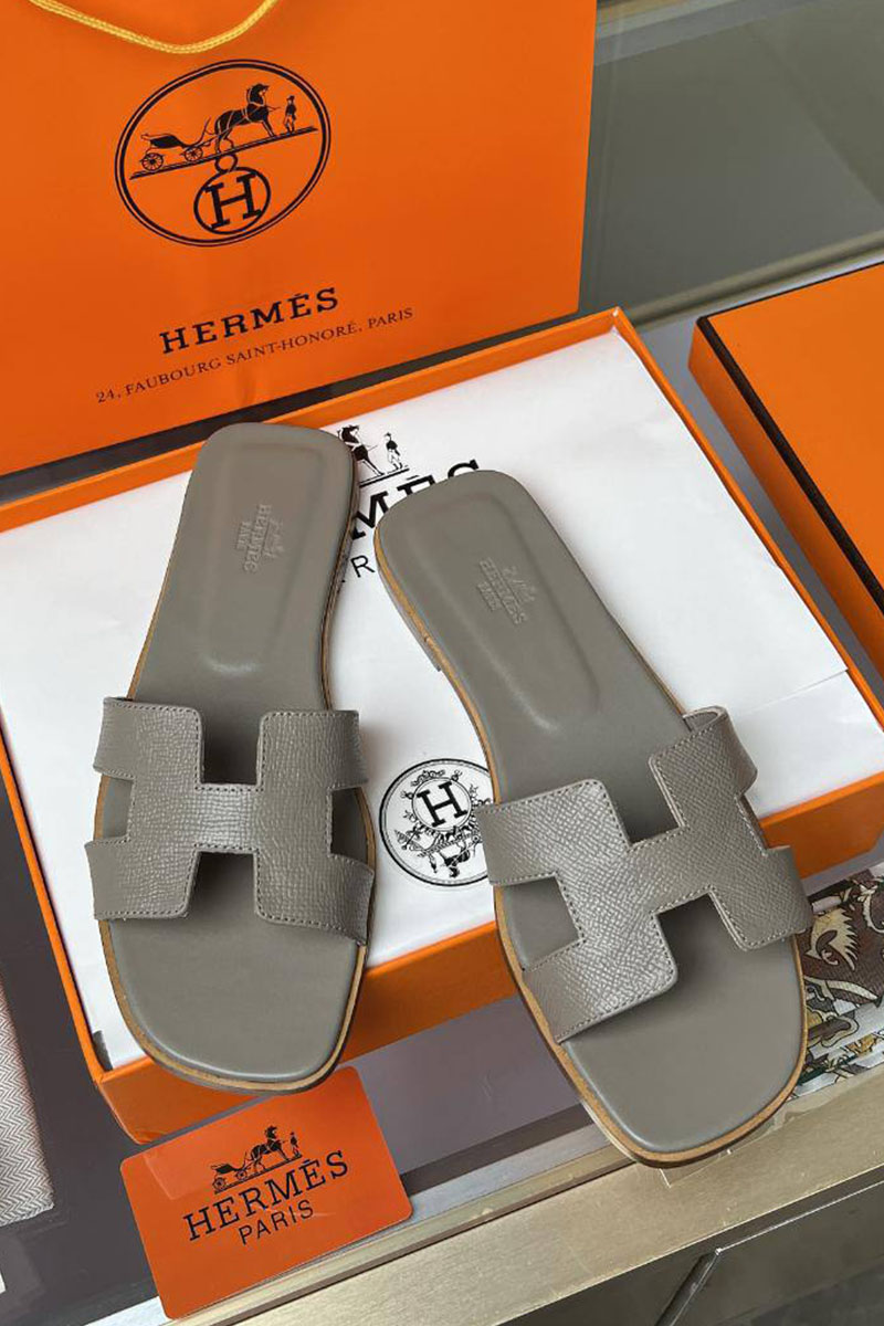 Hermes Женские кожаные шлёпанцы  Premium - Grey