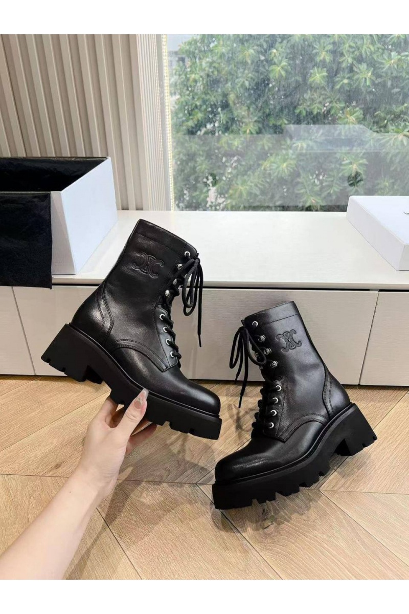 Celine Женские кожаные ботинки с мехом premium - Black