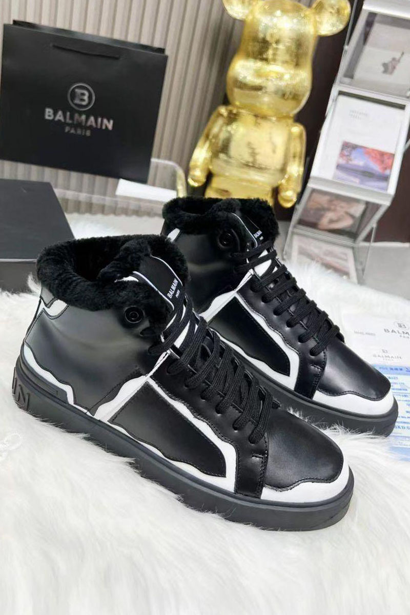 Balmain Кожаные кроссовки с мехом high-top - Black / White