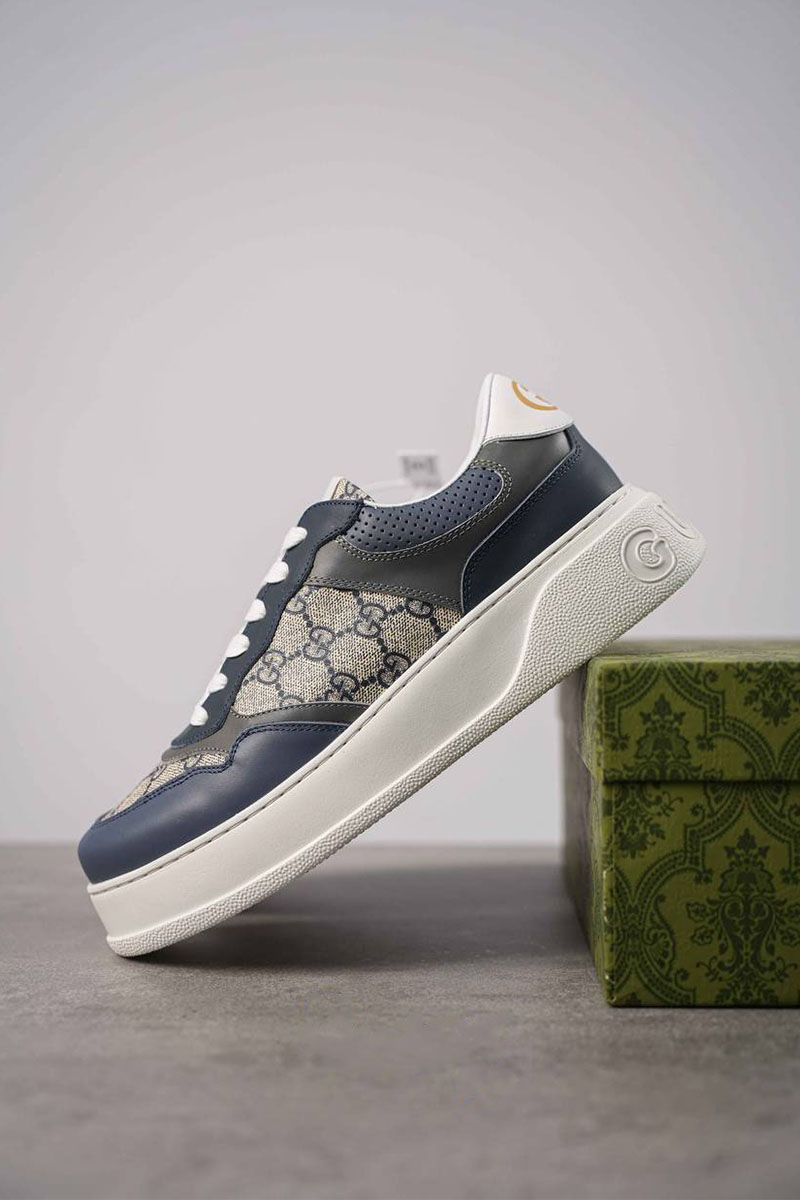 Gucci Мужские кожаные кроссовки - Grey / Blue