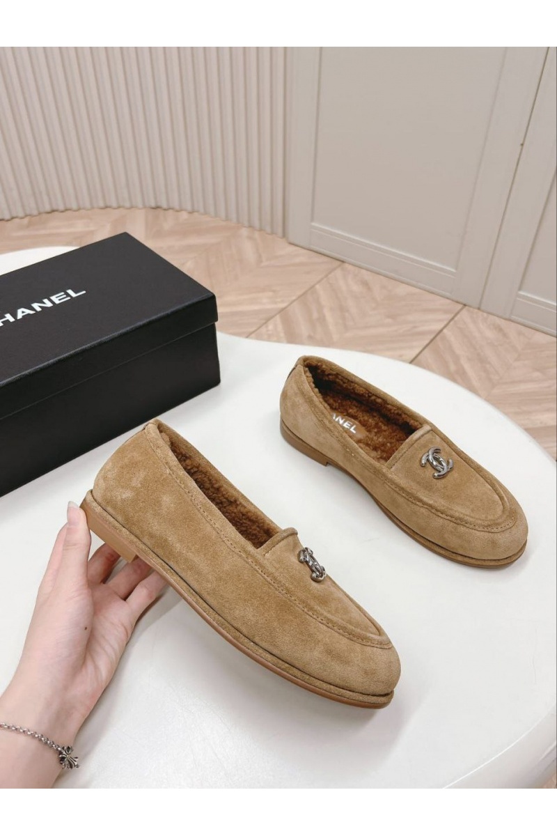 Chаnеl Женские замшевые лоферы с мехом Premium - Chestnut