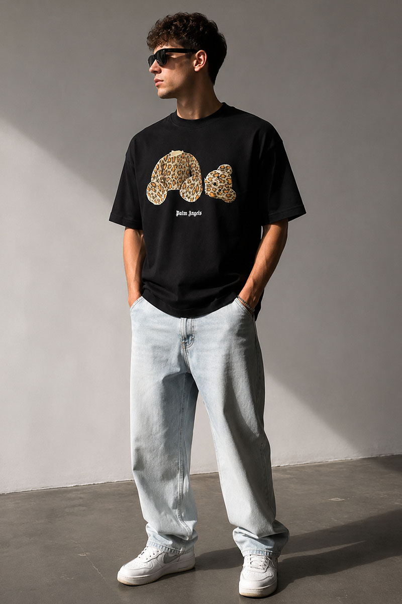 Palm Angels Чёрная оверсайз футболка Leopard Bear
