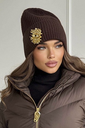 Женская шапка со съемной брошью Premium - Coffee