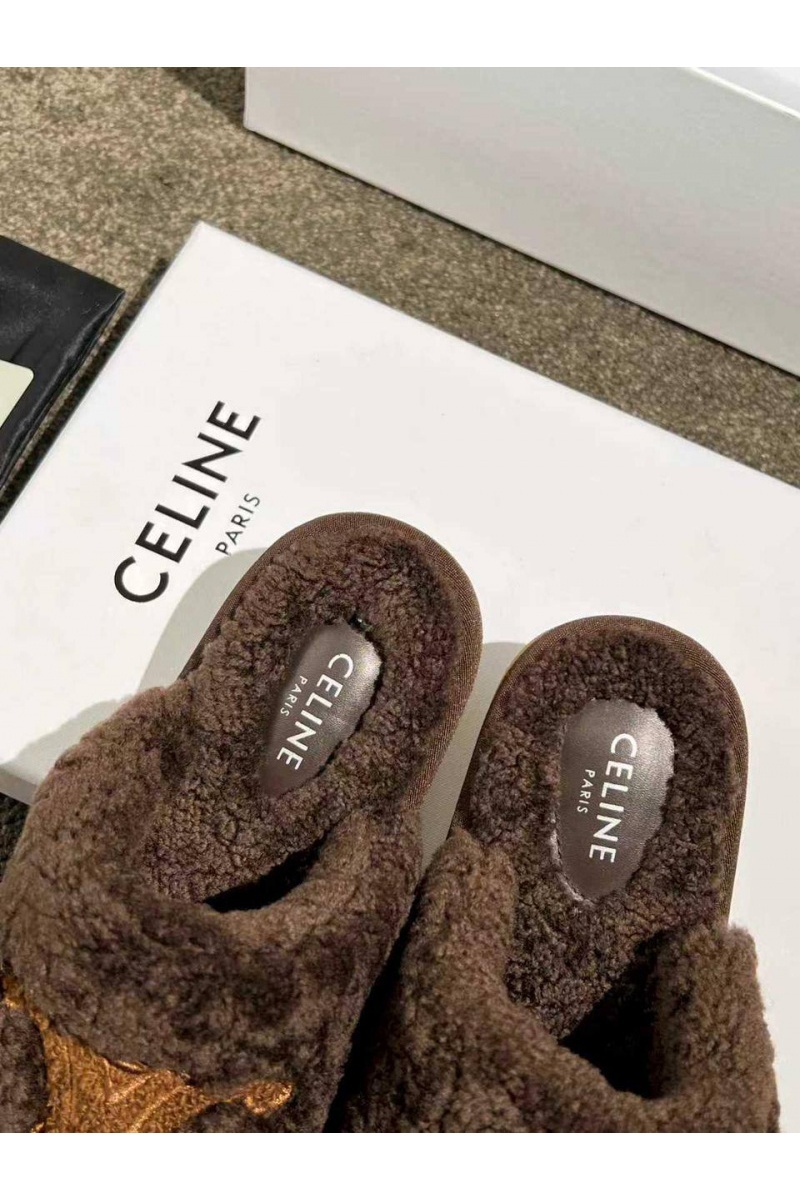 Celine Женские меховые шлёпанцы Triomphe premium