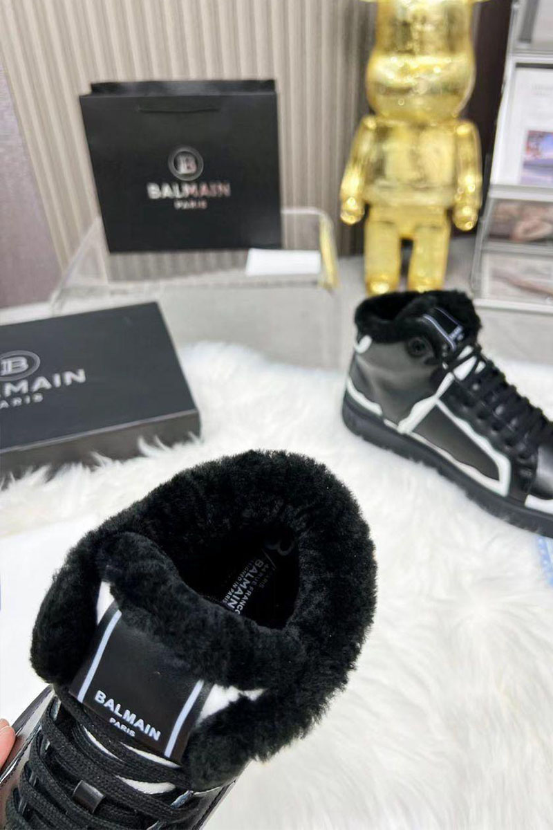 Balmain Кожаные кроссовки с мехом high-top - Black / White