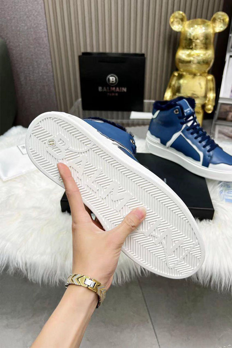 Balmain Кожаные кроссовки с мехом high-top - Blue / White