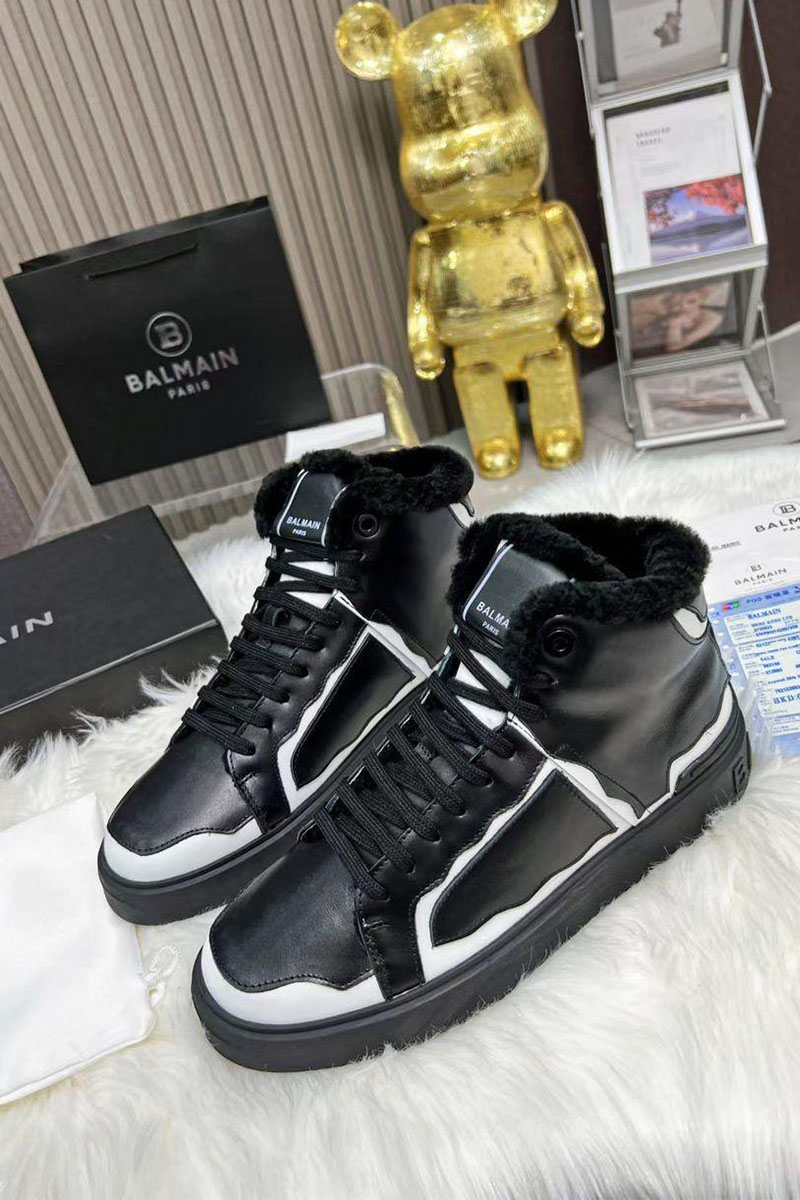 Balmain Кожаные кроссовки с мехом high-top - Black / White