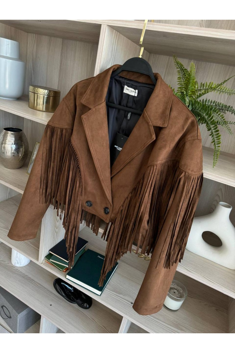 Yves Saint Laurent Женская замшевая косуха с бахромой 