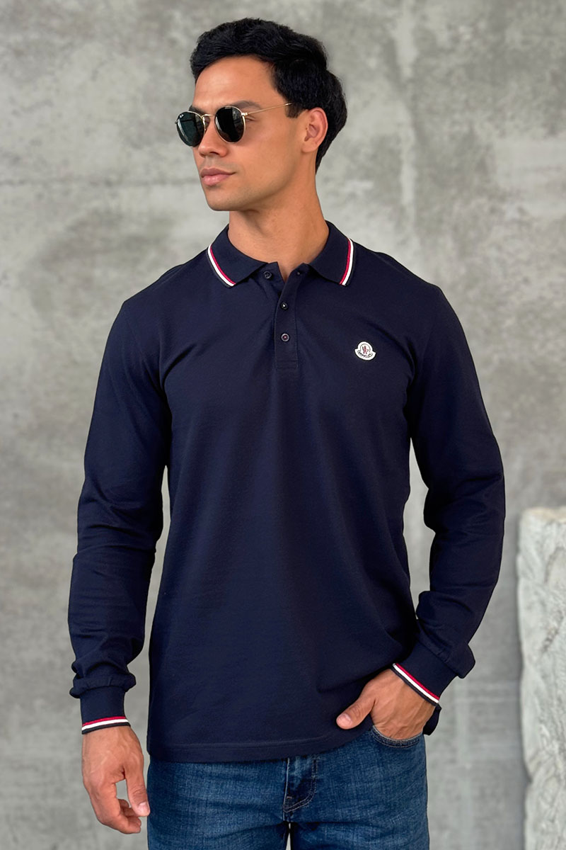 Moncler Тёмно-синее поло с длинным рукавом logo-patch