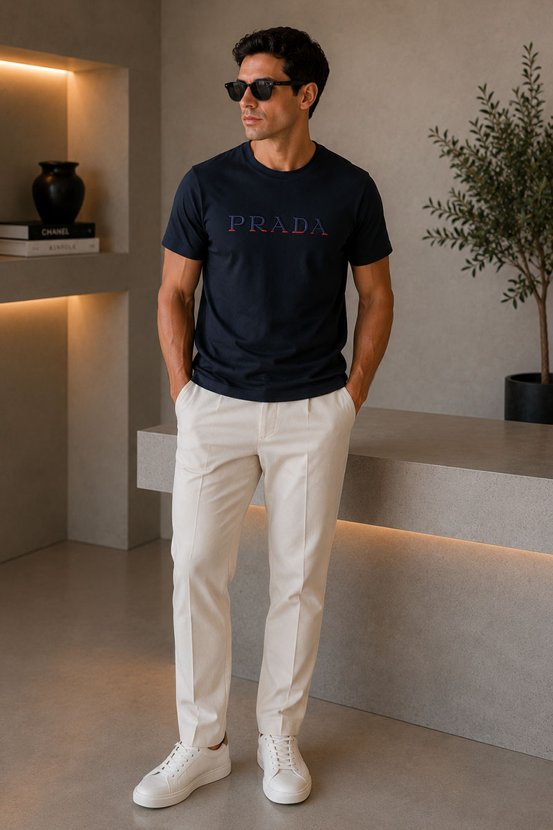 Prada Тёмно-синяя мужская футболка embroidered logo