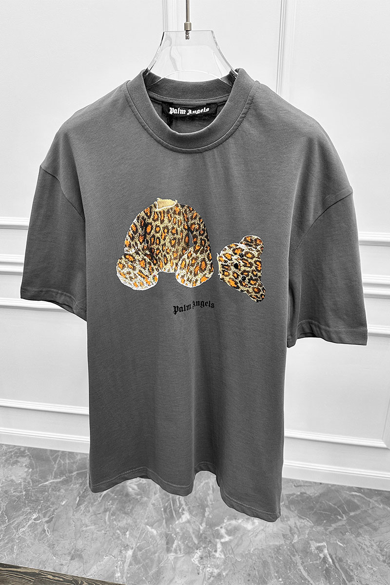 Palm Angels Серая оверсайз футболка Leopard Bear