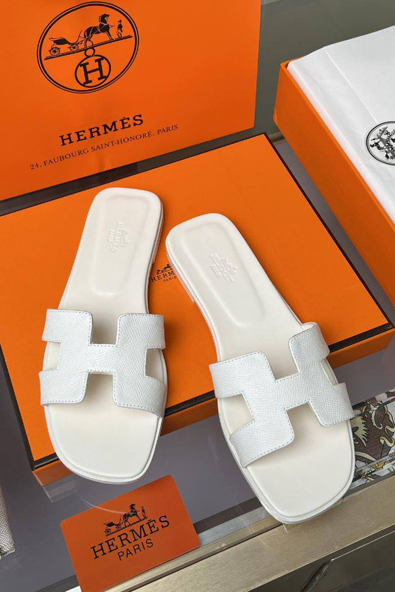 Hermes Женские кожаные шлёпанцы Premium - White