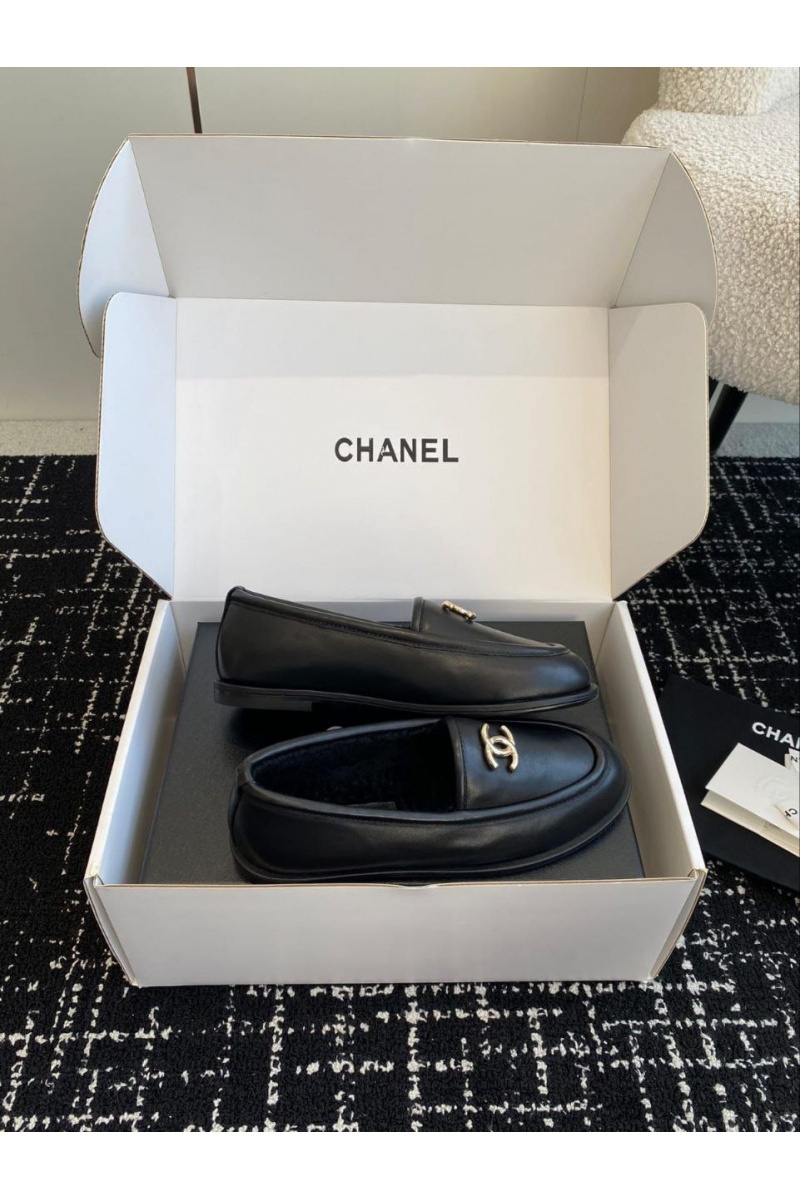 Chаnеl Женские кожаные лоферы с мехом Premium - Black
