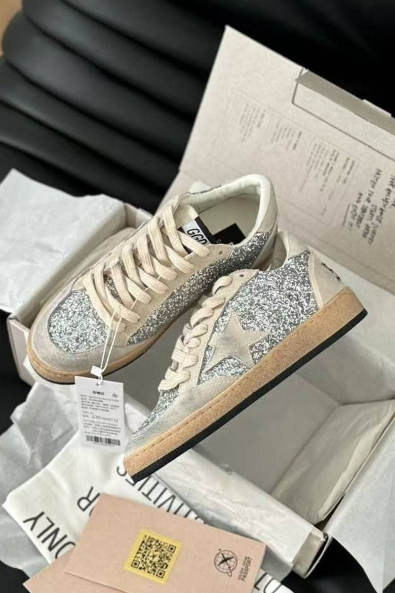 Designer Clothing Женские кожаные кроссовки Golden Goose Ball Star Premium - Grey Sequin