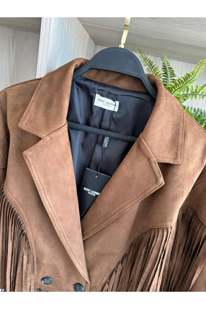 Yves Saint Laurent Женская замшевая косуха с бахромой 