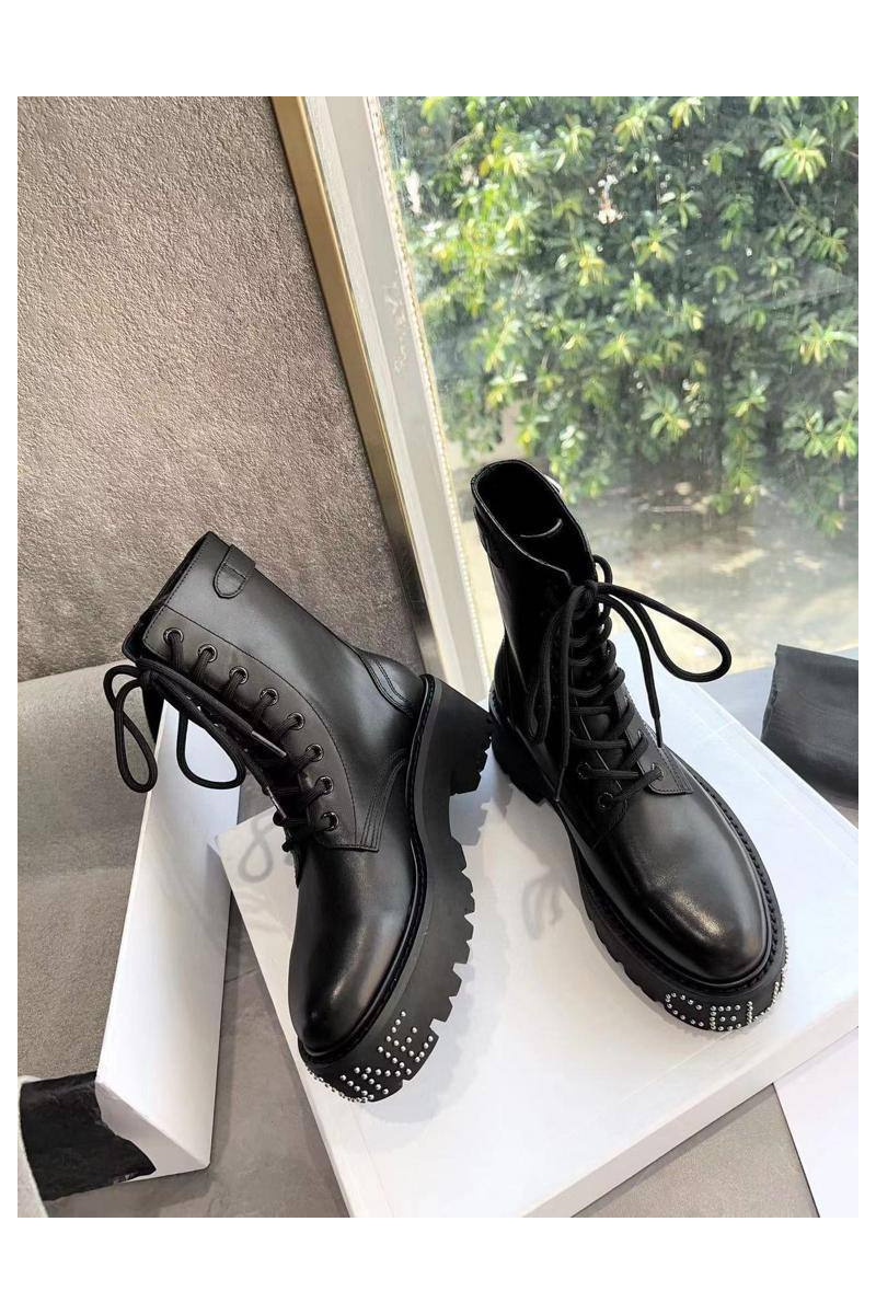 Celine Женские кожаные ботинки с мехом premium - Black