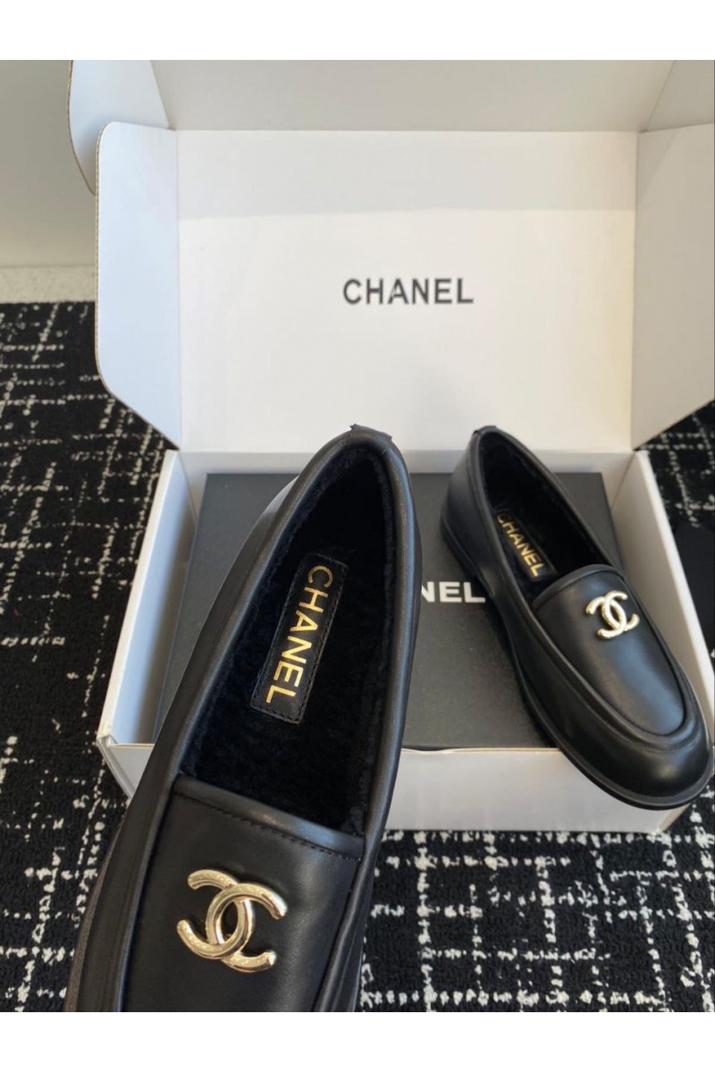 Chаnеl Женские кожаные лоферы с мехом Premium - Black