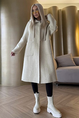 Женское шерстяное пальто с капюшоном Premium - Beige