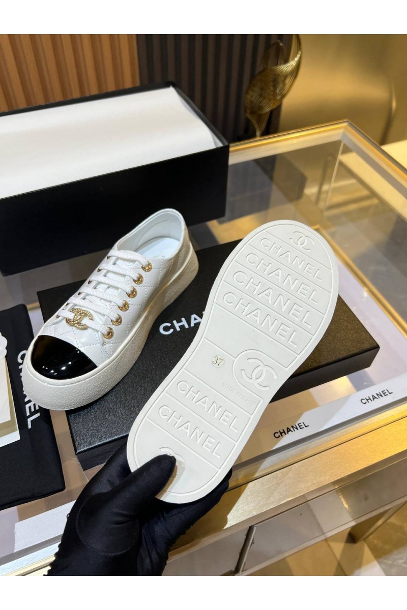 Chаnеl Женские кожаные кроссовки Premium - White / Black