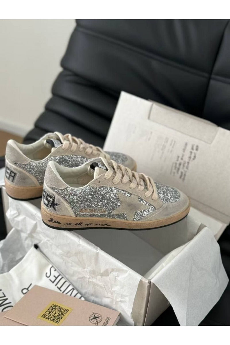 Designer Clothing Женские кожаные кроссовки Golden Goose Ball Star Premium - Grey Sequin