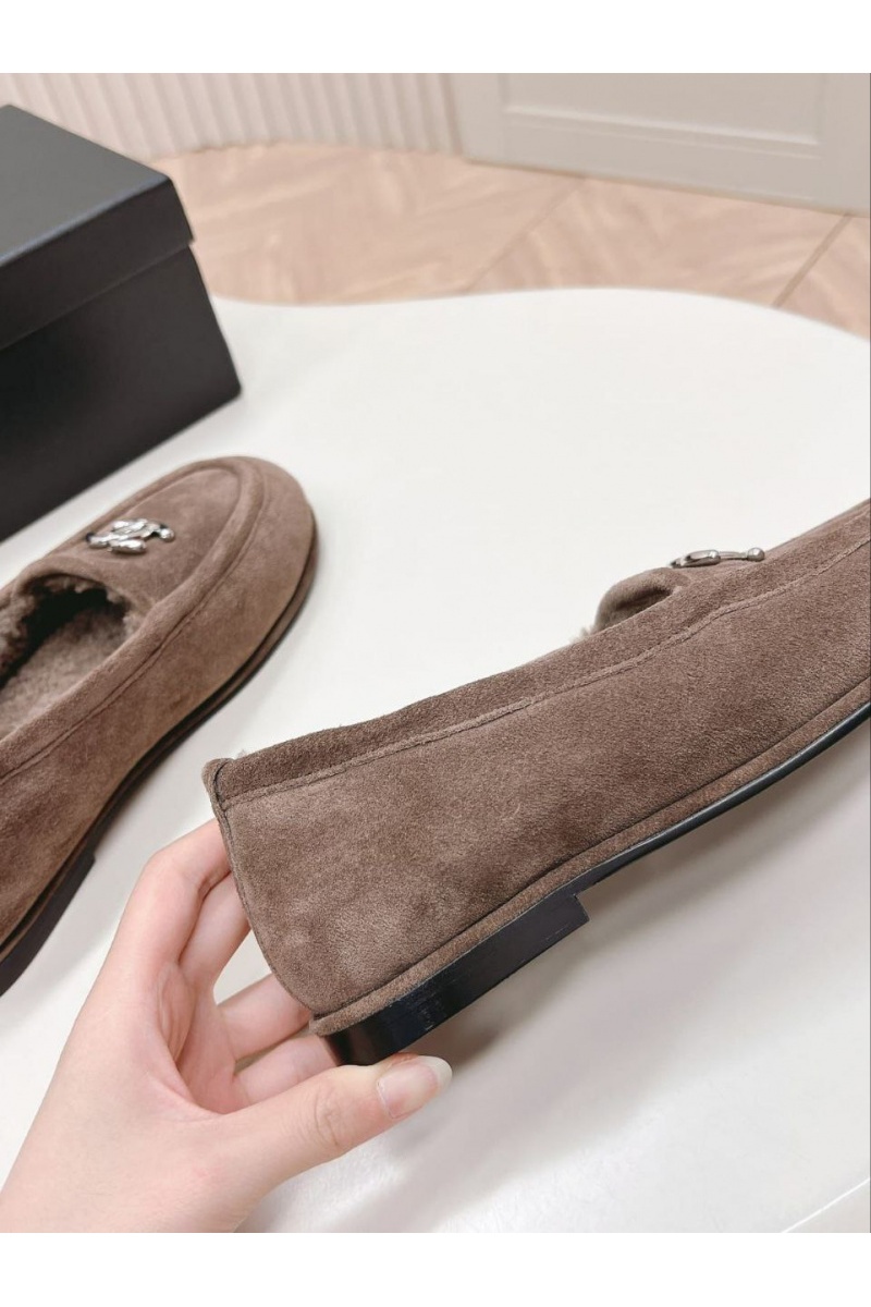 Chаnеl Женские замшевые лоферы с мехом Premium - Brown