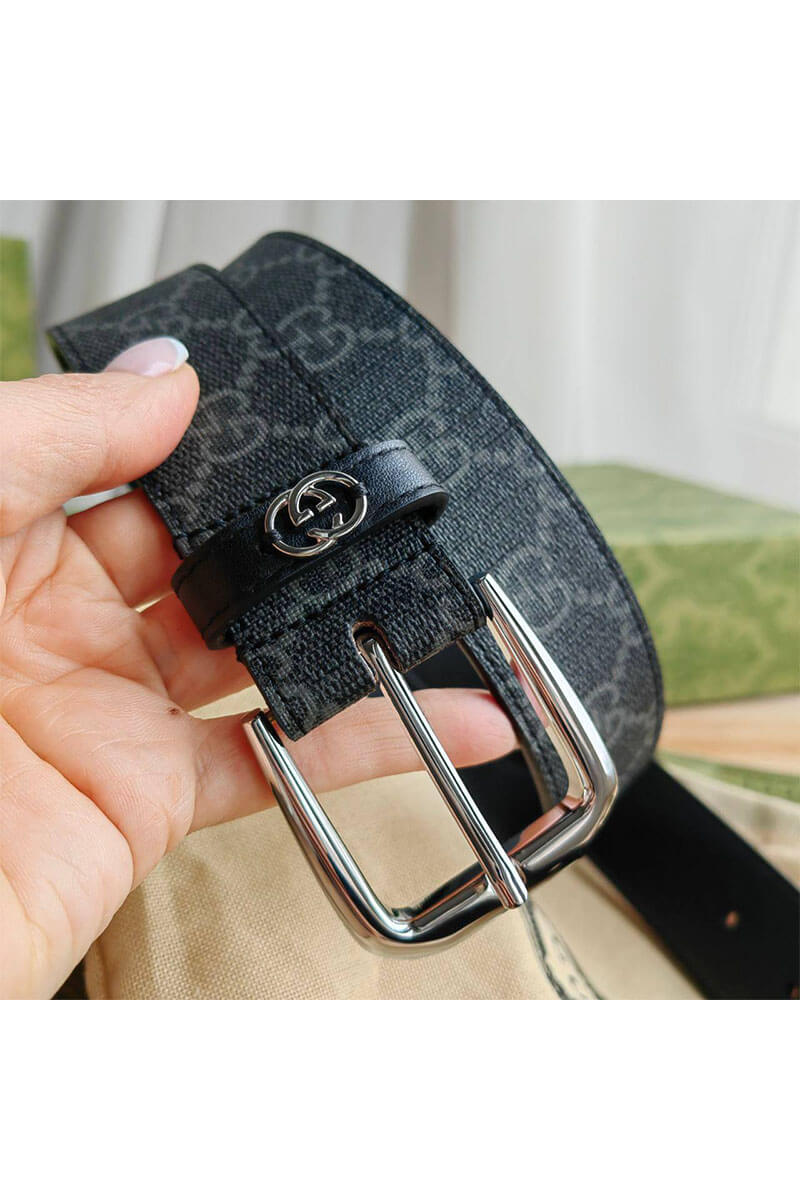 Gucci Брендовый ремень GG Monogram Black / Silver (длина 90 см)