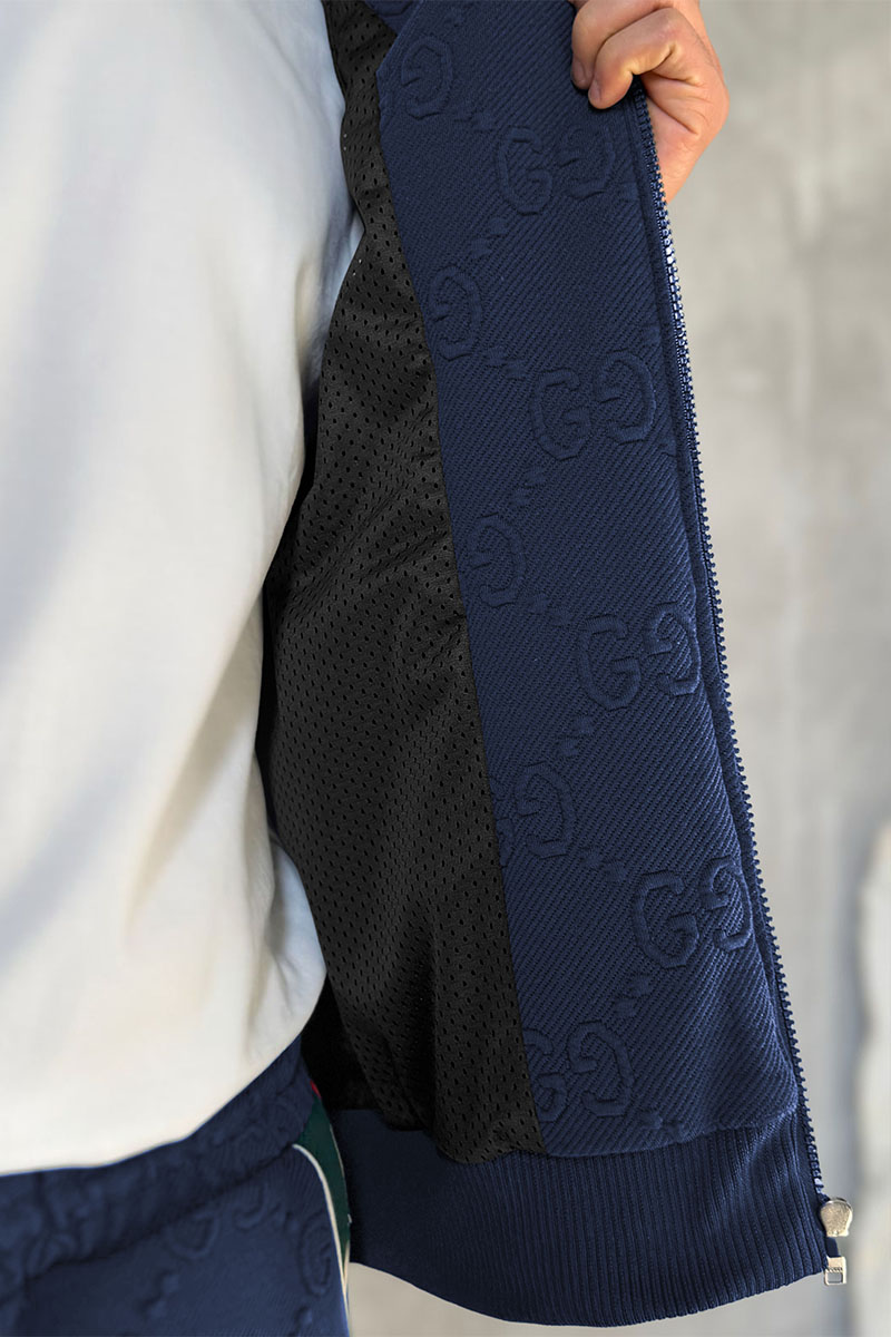 Gucci Тёмно-синяя кофта на молнии GG jacquard