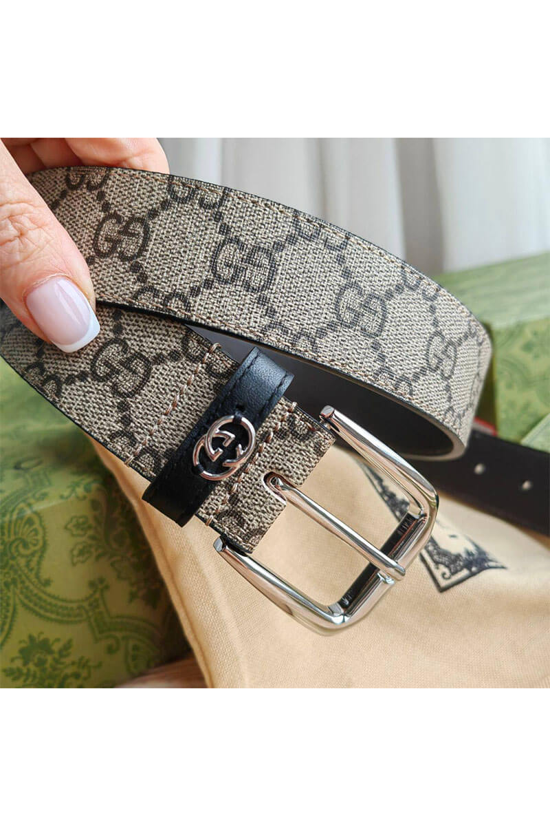 Gucci Брендовый ремень GG Monogram Beige / Silver (длина 90 см)