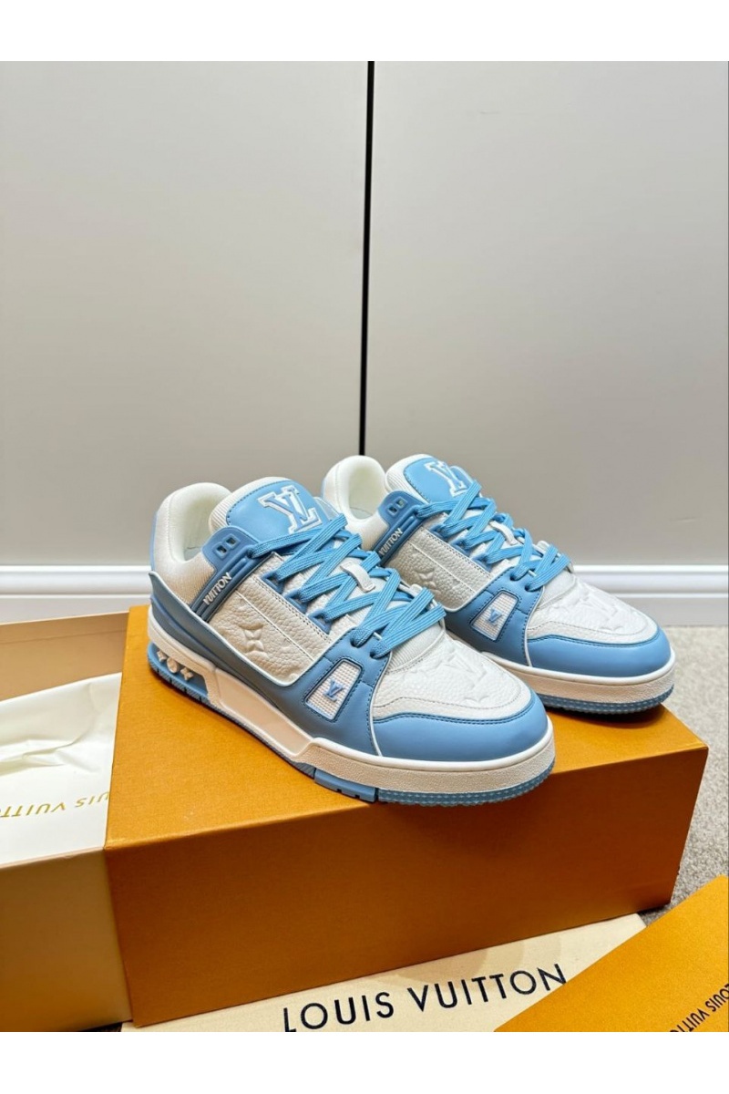 Lоuis Vuittоn Женские кожаные кроссовки Trainer Monogram - White / Blue