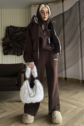 Женский костюм тройка на флисе Premium - Coffee