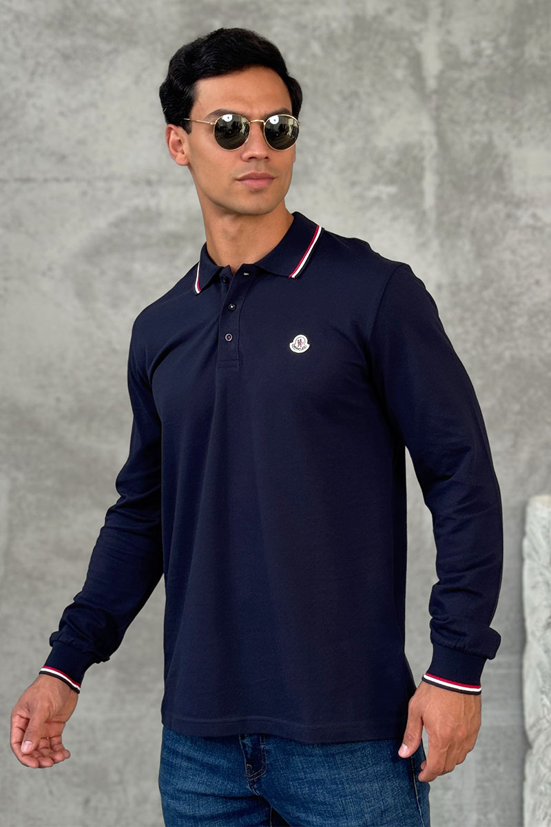 Moncler Тёмно-синее поло с длинным рукавом logo-patch