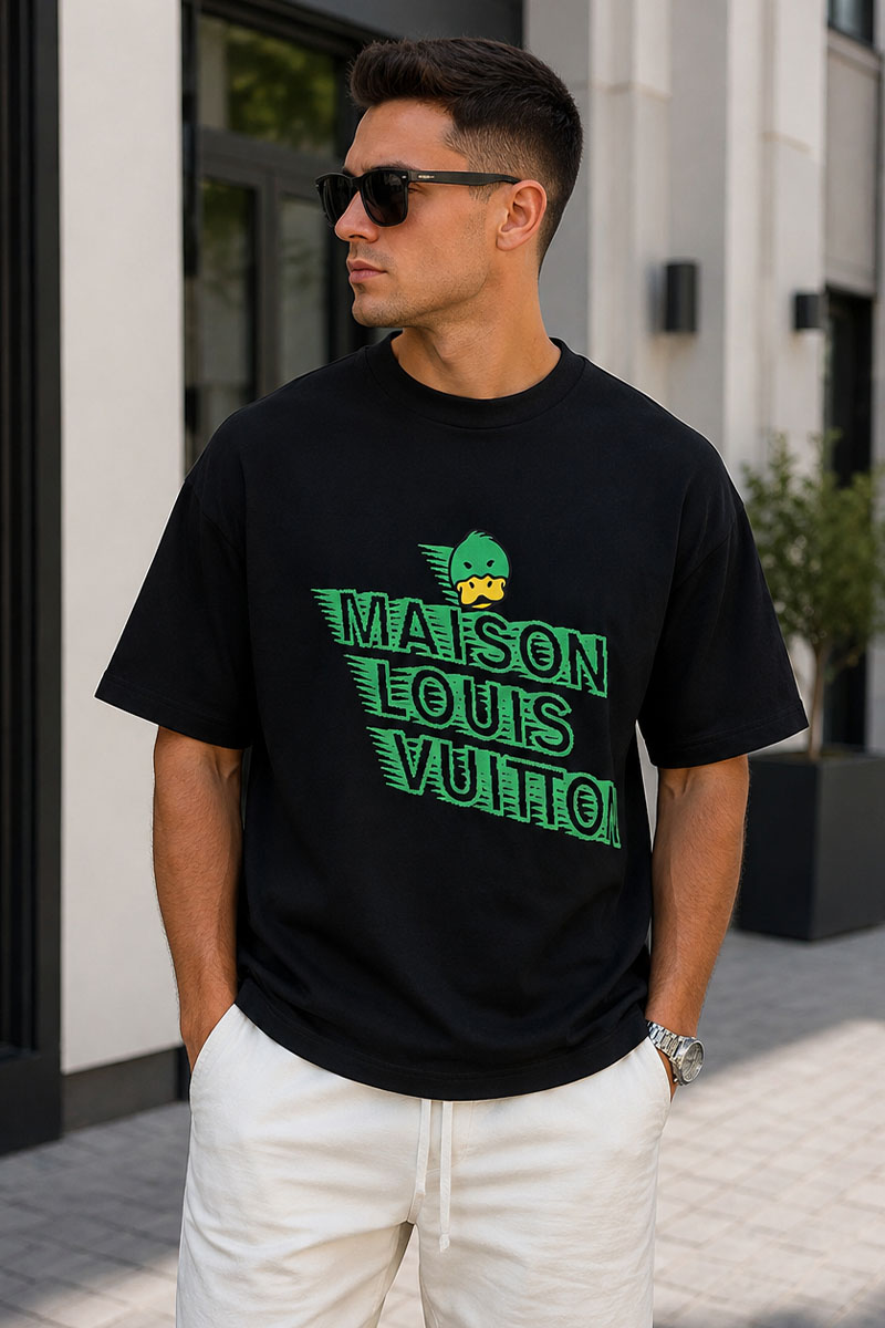 Lоuis Vuittоn Чёрная оверсайз футболка Maison Duck logo