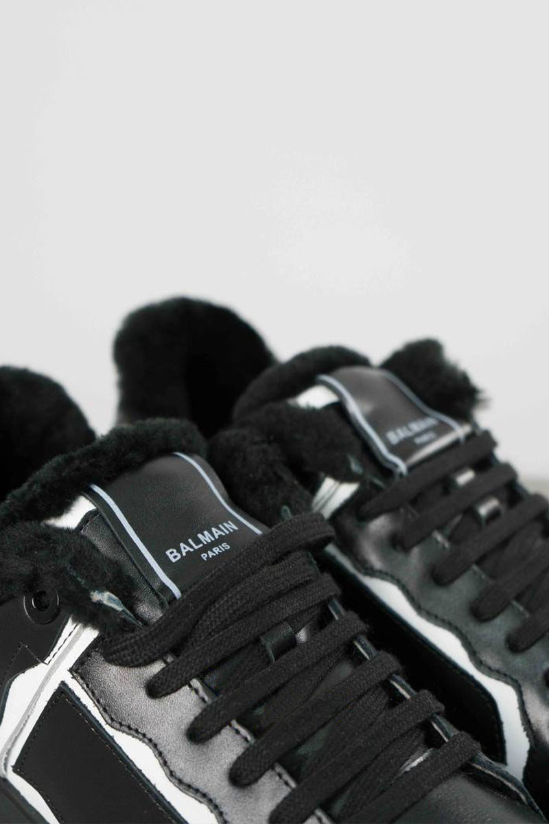 Balmain Кожаные кроссовки с мехом low-top - Black / White