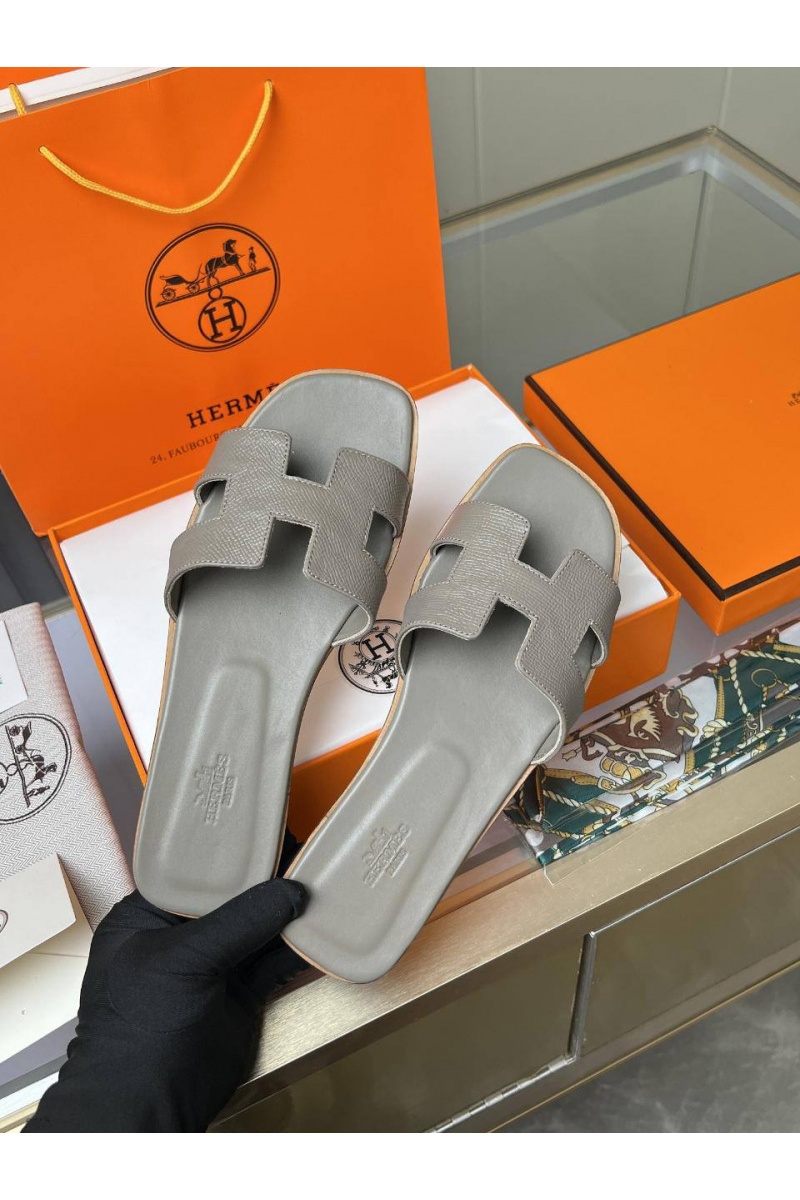 Hermes Женские кожаные шлёпанцы  Premium - Grey