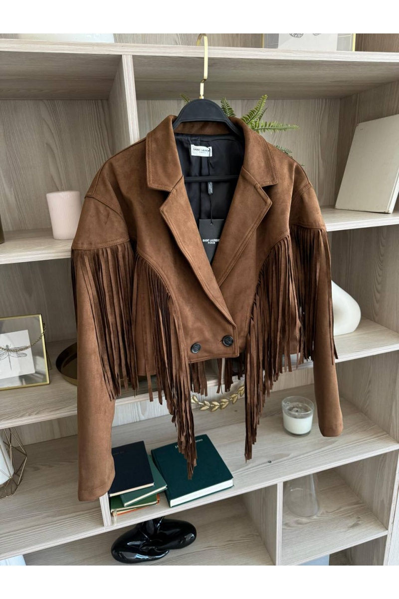 Yves Saint Laurent Женская замшевая косуха с бахромой 