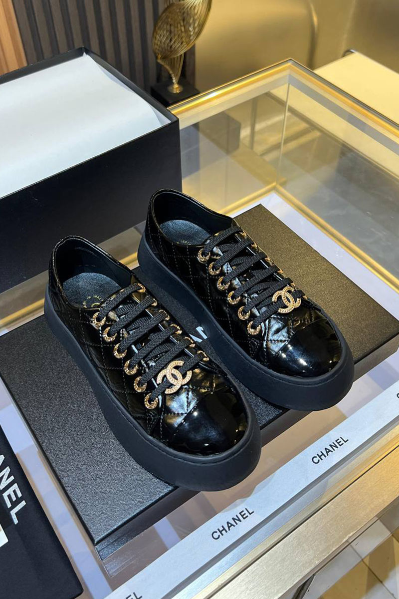 Chаnеl Женские кожаные кроссовки Premium - Black