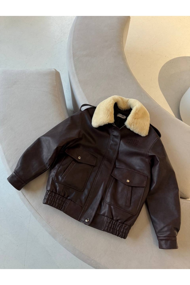 MIU MIU Женская кожаная дубленка с меховым воротом