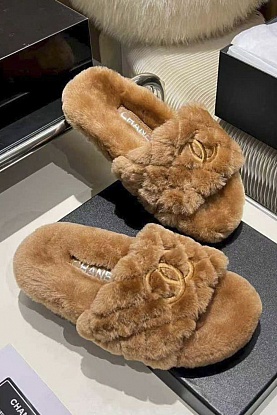 Женские меховые шлёпанцы Oran premium - Brown