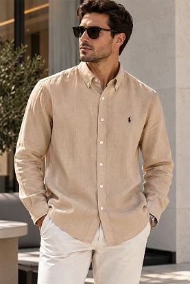 Льняная рубашка pony-embroidered - Beige