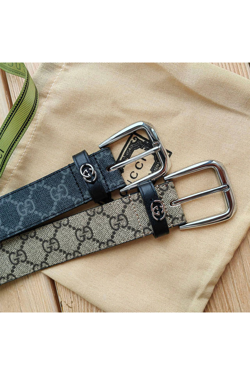 Gucci Брендовый ремень GG Monogram Beige / Silver (длина 90 см)