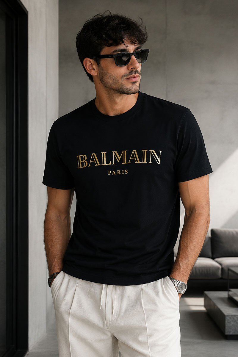 Balmain Чёрная футболка Paris gold logo-print 