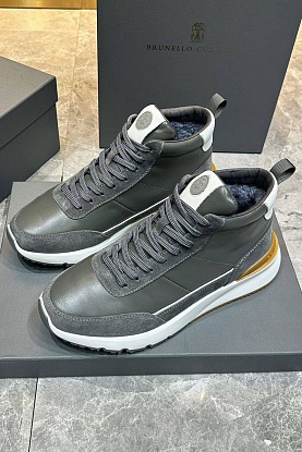 Кожаные кроссовки с мехом high-top - Grey