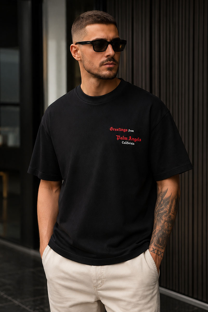 Palm Angels Чёрная оверсайз футболка Greetings from California