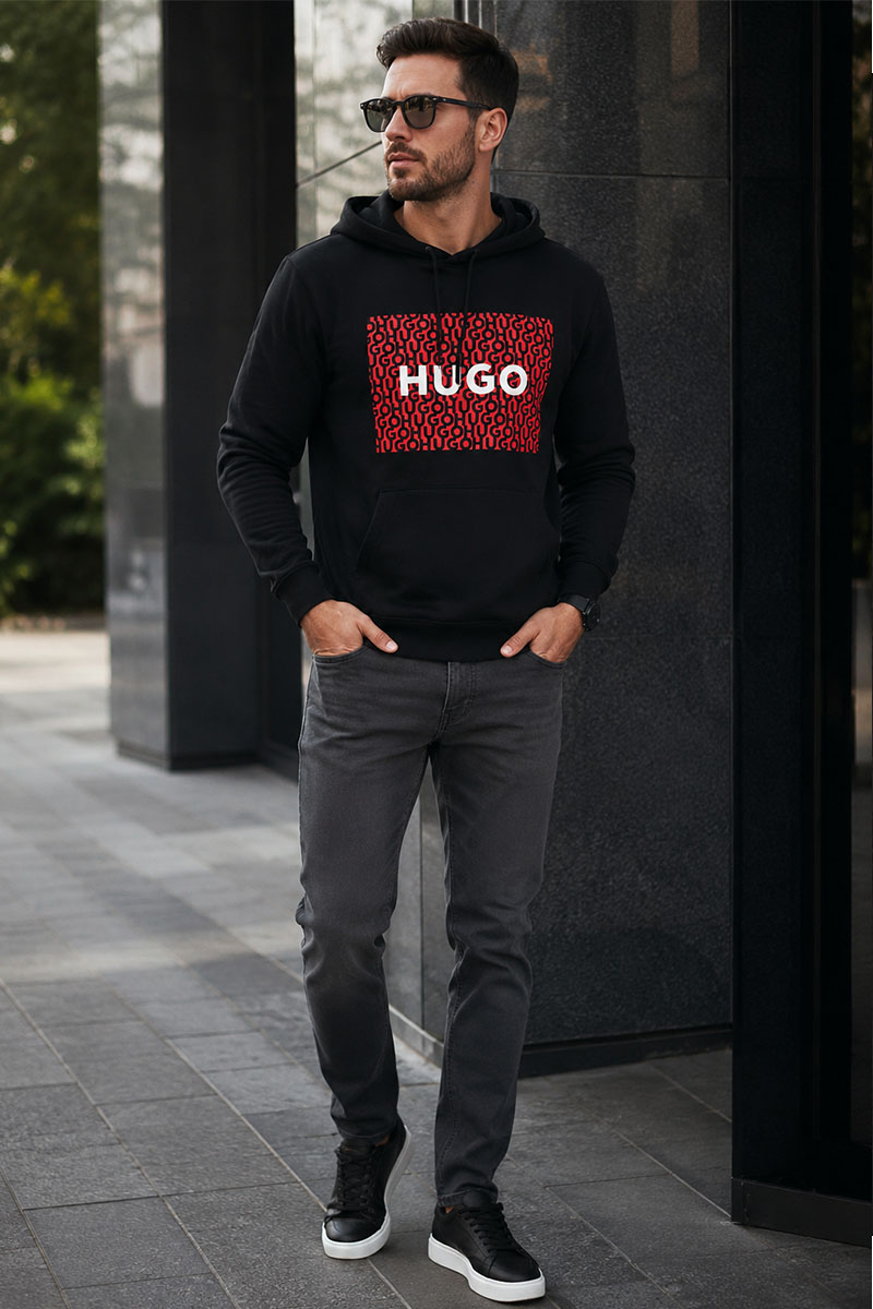 Hugо Воss Чёрное мужское худи Dreeman logo-print