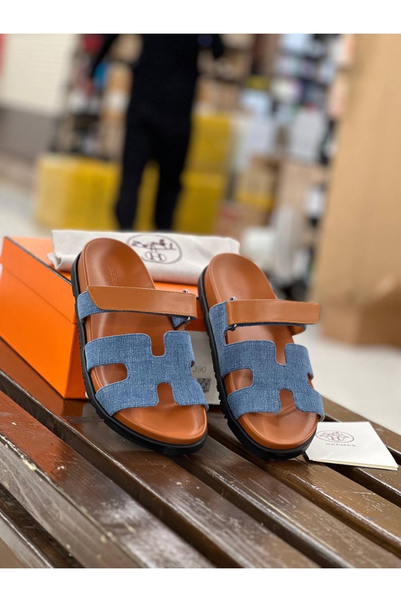 Hermes Женские кожаные сандалии Chypre - Brown / Blue