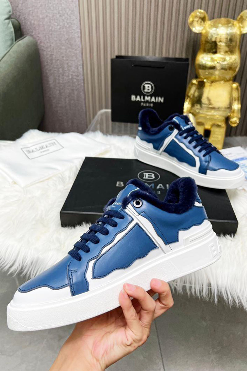 Balmain Кожаные кроссовки с мехом low-top - Blue / White