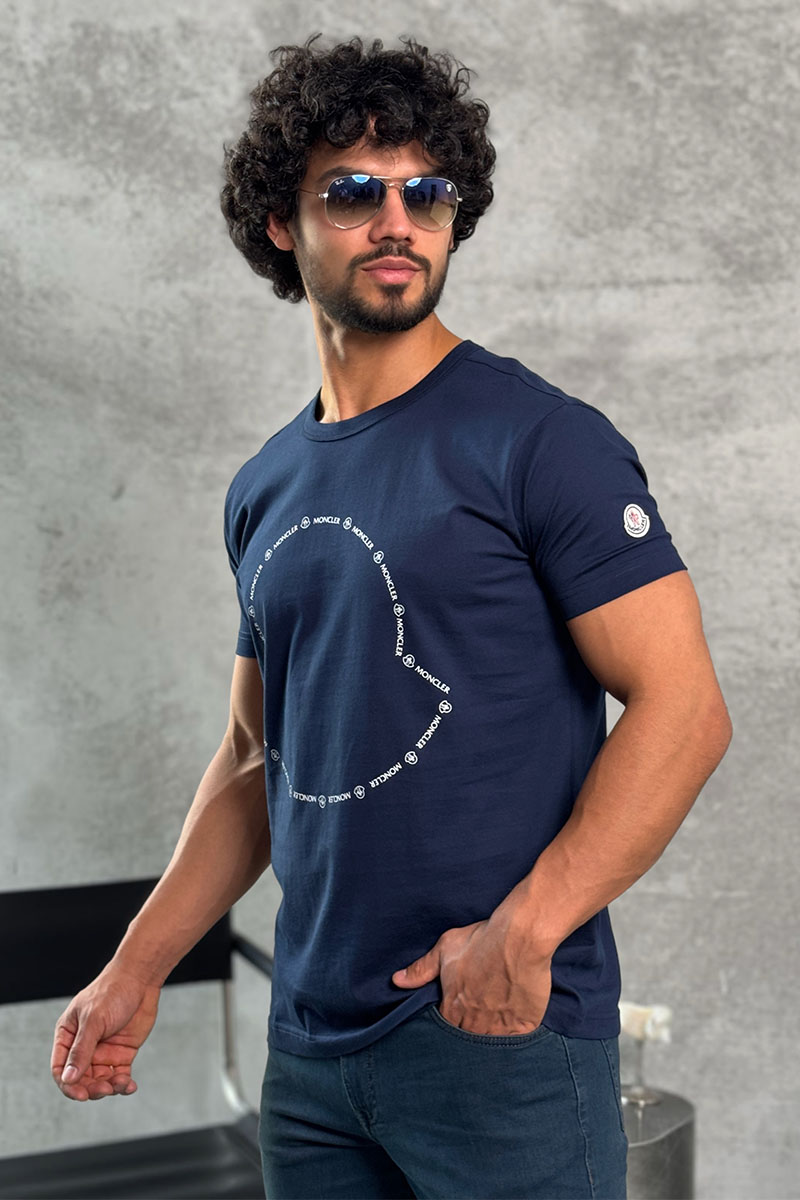 Moncler Тёмно-синяя брендовая футболка Logo Outline