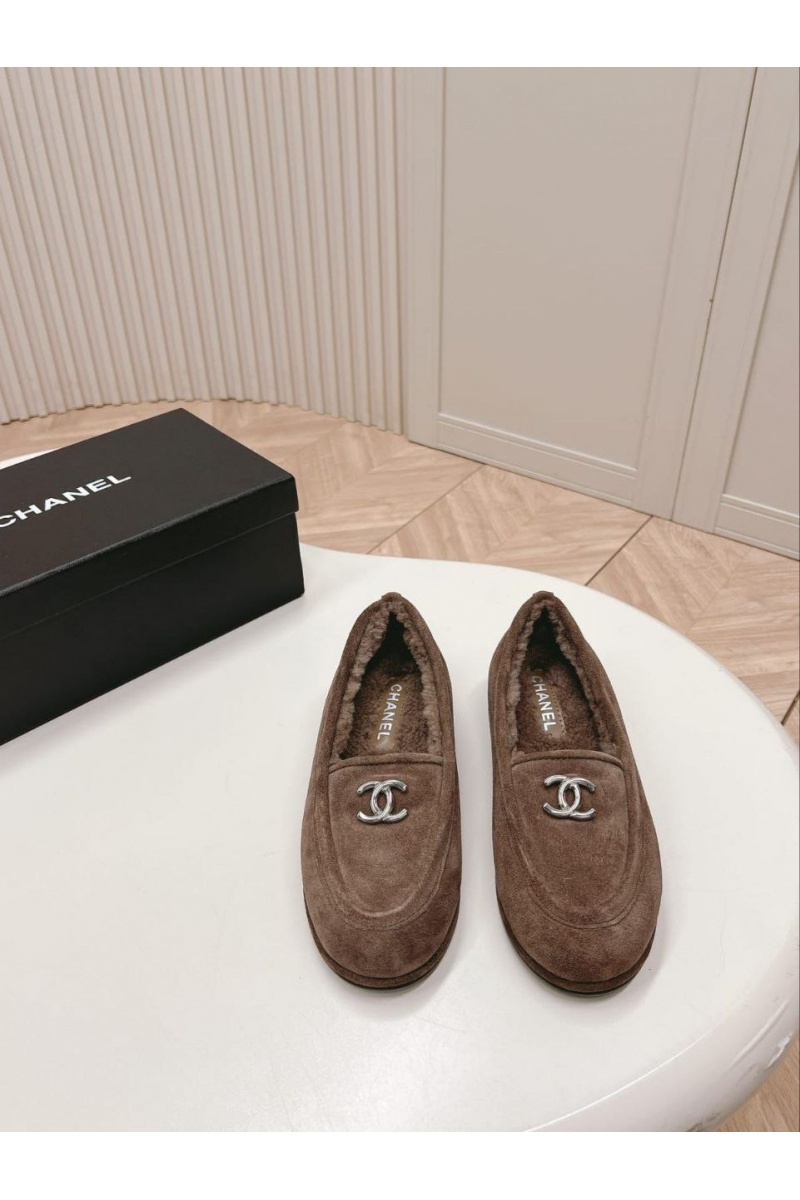 Chаnеl Женские замшевые лоферы с мехом Premium - Brown