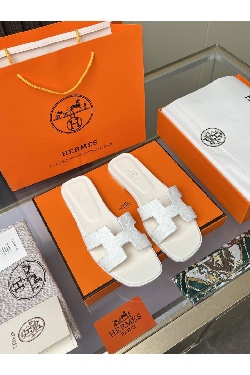 Hermes Женские кожаные шлёпанцы Premium - White